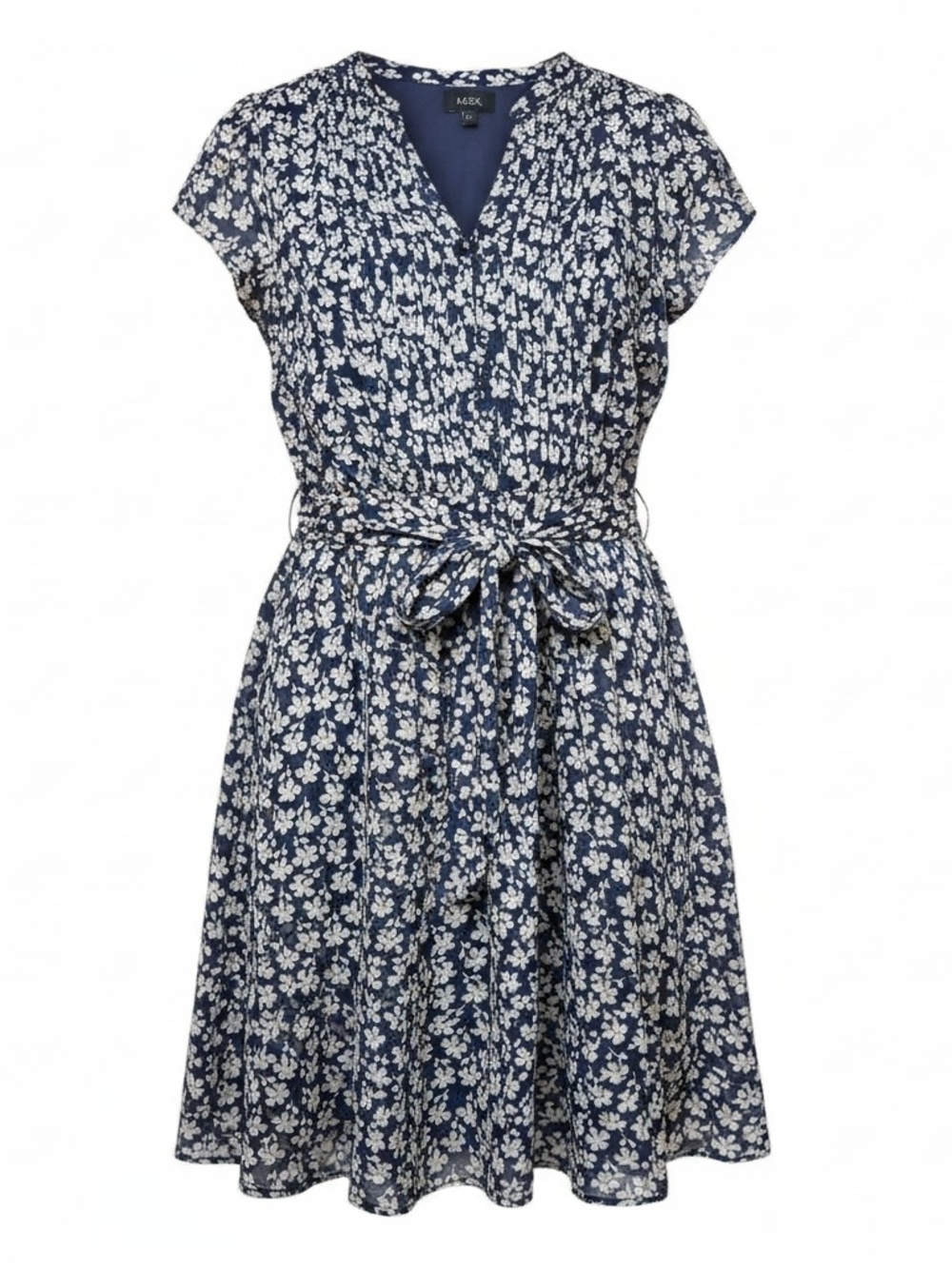 MSK | NWT Plus Size Navy Blue Ditsy Floral V-Neck Tie-Waist A-Line Dress | 16 - Picture 1 of 12